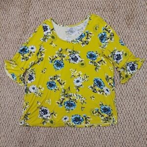 Torrid Sz 1 Shirt Womens Super Soft Yellow Blue Floral 3/4 Bell Sleeve Blouse